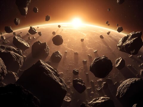 Asteroid Field Near a Glowing Planetary Horizon