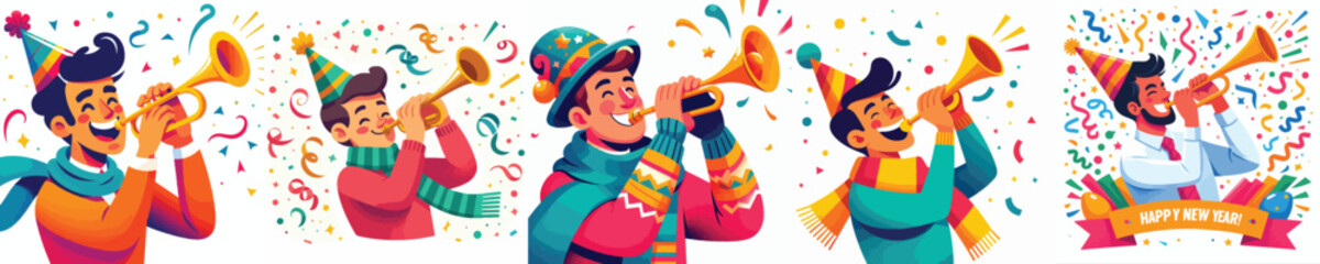 vector half body of a man blowing trumpet celebrating new year © My_Vector