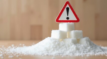 White sugar cubes stacked precariously under red warning sign. Symbolizes health risks of excess sugar intake and diet dangers. Represents caution about overconsumption. Nutritional awareness concept.
