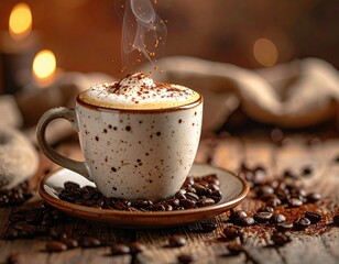 Steaming cappuccino, coffee beans, cozy atmosphere