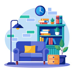 Cozy living room scene with bookshelf and armchair