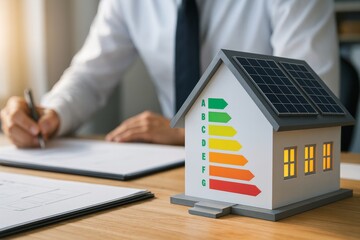 A 3D model of a house with a colorful energy efficiency rating chart on its exterior. The house features solar panels on the roof, placed on a wooden desk with architectural blueprints. I