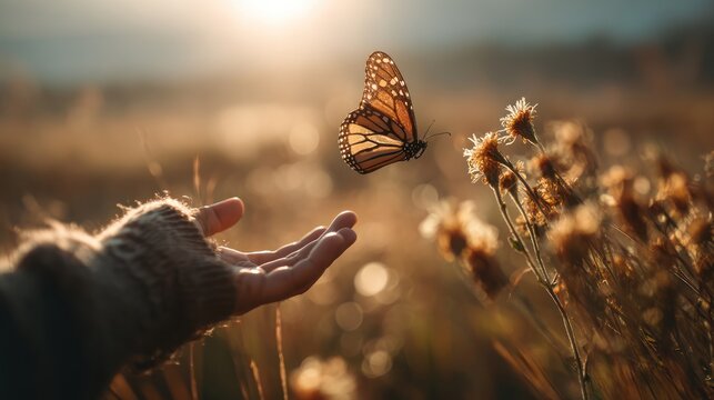 A close-up of a hand reaching out to catch a butterfly in a meadow, with the butterfly in mid-flight and soft sunlight shining through. - Powered by Adobe