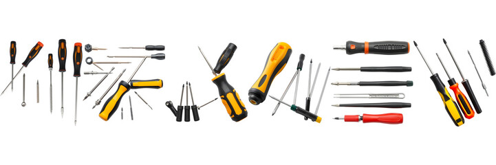 Multiple types of manual screwdrivers including precision flathead Phillips and interchangeable bits isolate