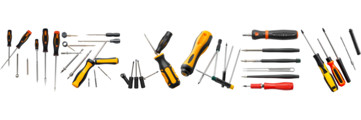 Multiple types of manual screwdrivers including precision flathead Phillips and interchangeable bits isolate