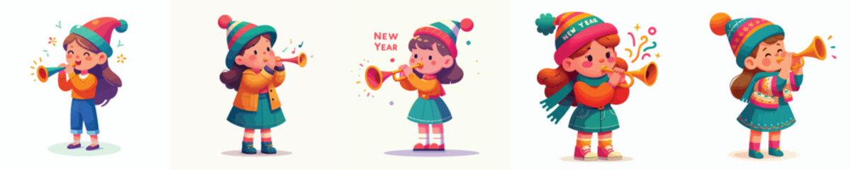 vector little girl blowing trumpet celebrating new year