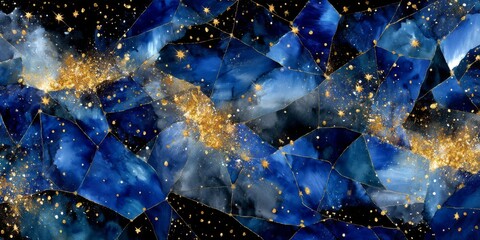 Vibrant stained glass pattern depicting a starry night sky filled with deep blues and shimmering gold accents