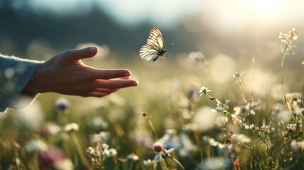 A close-up of a hand reaching out to catch a butterfly in a meadow, with the butterfly in mid-flight and soft sunlight shining through.