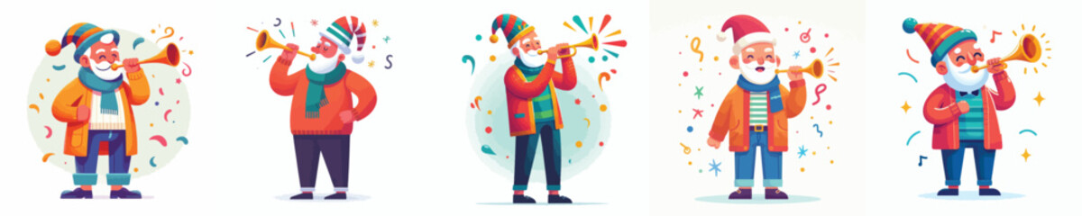Naklejka premium vector grandfather blowing trumpet celebrating new year