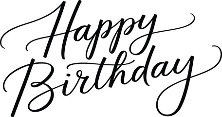 Happy Birthday typography icon, elegant cursive script design, decorative celebration lettering, black text illustration on white background