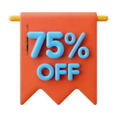 75 _ sale Off Banner 3d icon in cartoon plastic style minimal isolated on transparent white background, clipping path