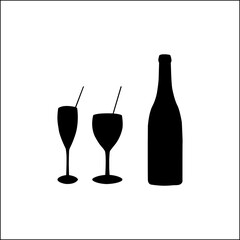 Two tall glasses with straws and a bottle silhouette