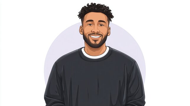 Digital illustration of a cheerful man wearing a black sweater with a friendly smile. Positive attitude and approachable demeanor.