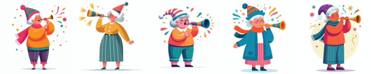 vector grandmother blowing trumpet celebrating new year