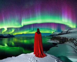 A person stands on a snowy cliff, facing a lake reflecting vibrant auroras. They wear a red cloak that contrasts with the green and purple hues of the Northern Lights.