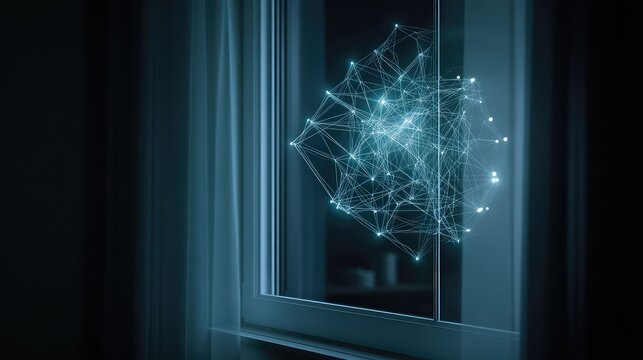 network of interconnected IoT sensors, represented as small, glowing nodes on everyday objects in a home