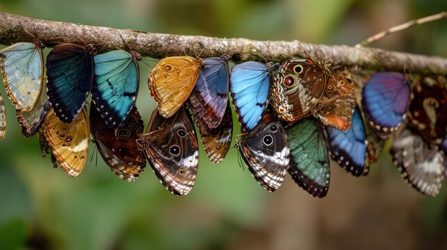 A close-up of a large number of butterflies resting on a tree branch, creating a stunning visual with their various colors and wing patterns. - Powered by Adobe