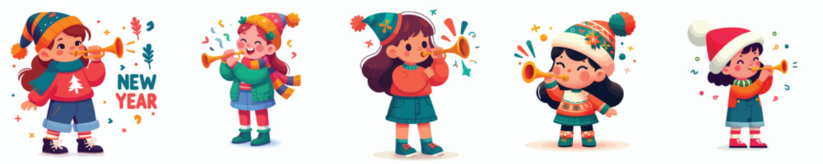 vector little girl blowing trumpet celebrating new year