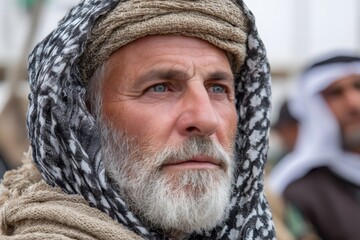 Elderly man wearing keffiyeh looking with wisdom