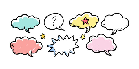 Colorful cartoon speech bubbles and stars on white background