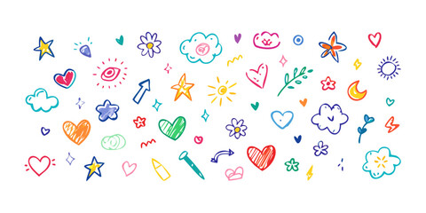 Colorful doodle collection of hearts stars and clouds 1
