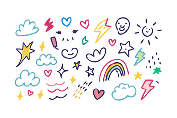 Colorful doodle elements on transparent background