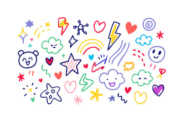 Colorful doodle elements on white background drawing