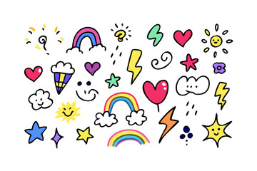 Colorful doodle elements with hearts stars and rainbows