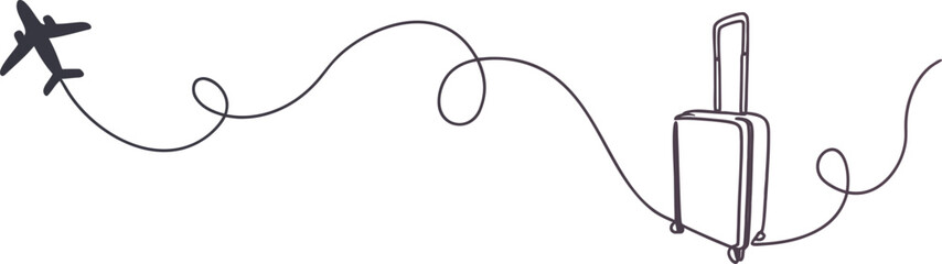 Continuous line drawing of an airplane and suitcase connected by a travel path. Minimal design capturing the spirit of adventure and movement. Ideal for tourism projects, branding, and creative 