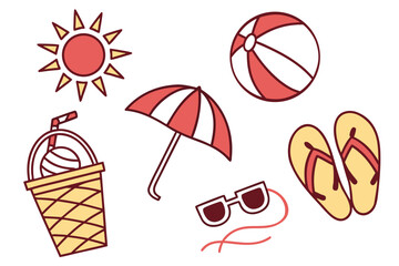 Simplified summer icons with a drink, sun, umbrella, beach ball, sunglasses, and flip flops