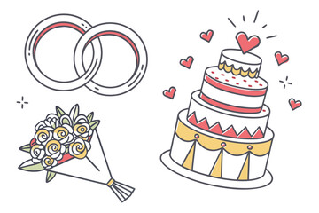 Romantic Wedding and Celebration Icons with Rings Cake and Flowers Keywords: wedding rings, engagement