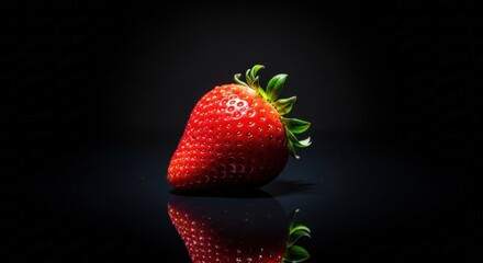 Fresh Red Strawberry on Dark Background with Reflection and Soft Lighting