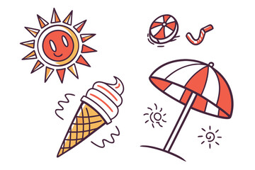 Summer Fun Icons Sun Ice Cream Beach Ball and Umbrella Keywords: summer, fun, icons, sun, smiling sun
