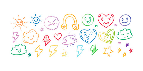 Colorful doodle icons of suns hearts clouds lightning and stars