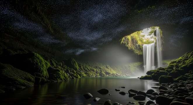 Illuminated waterfall cascades into a dark grotto with moss covered banks and a star lit ceiling