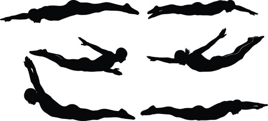 Set of black vector silhouettes of swimmers and divers in various dynamic underwater poses, showcasing aquatic sports, competitive swimming, graceful diving, and athletic movement, isolated on 