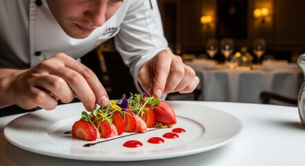 Chef Assembling Gourmet Dish with Fresh Strawberries and Microgreens in Elegant Restaurant Setting