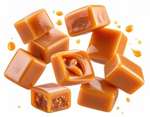 Glossy caramel cubes floating with droplet sprinkles