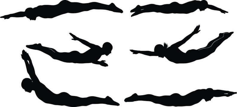 Set of black vector silhouettes of swimmers and divers in various dynamic underwater poses, showcasing aquatic sports, competitive swimming, graceful diving, and athletic movement, isolated on 
