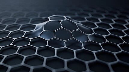 sheet of graphene, represented as a single-atom-thick hexagonal lattice, floating and gently rippling, reflecting light with an iridescent sheen, dark background, abstract science,