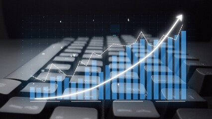 Visual representation of business growth featuring a computer keyboard overlay with graphs and charts, symbolizing finance, analytics, and modern digital solutions. Copula