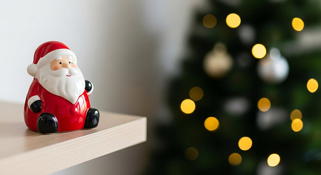 Santa is already on the front shelf - a cute background for Christmas cards: small Santa Claus figurine sitting on shelf beside decorated Christmas tree  