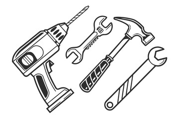 Black and White Illustration of Construction and Repair Tools Keywords: tools, drill, hammer, wrench