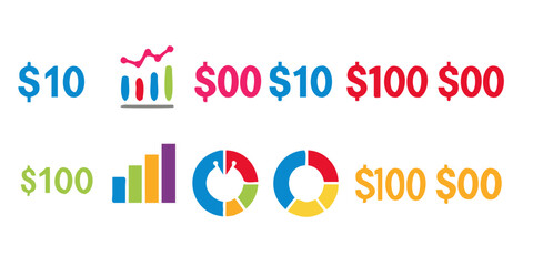 Colorful financial charts and dollar amounts on white background