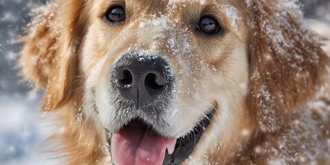 Candid close-up portrait, happy Golden Retriever dog, snowflakes melting on wet black nose, tongue slightly out, golden fur texture with ice crystals