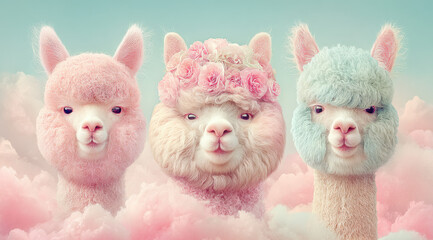 Obraz premium Drei niedliche Alpakas in Pastellfarben mit Blumenkranz vor zarter Wolkenkulisse