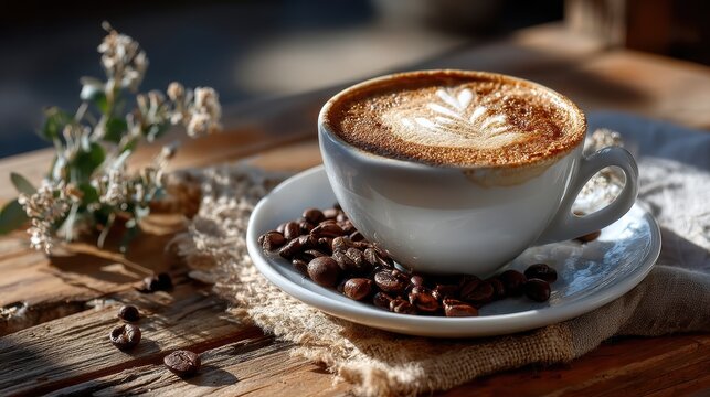 A beautifully crafted latte art design adorns the surface of a warm cream-filled coffee cup, set against a light brown palette. The smooth surface highlights the intricate details of the artwork. - Powered by Adobe