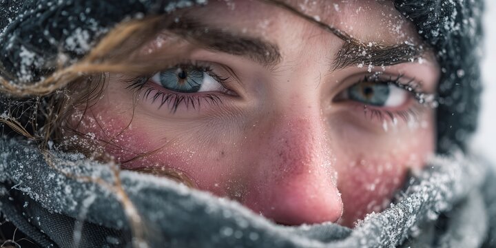Intense environmental close-up, young hiker with windblown hair, rosy cheeks flushed from cold, snowflakes caught in eyelashes and eyebrows, pulling a scarf up over nose, determined gaze 