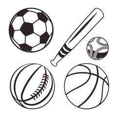 Sports Balls and Baseball Bat Icons in Black and White Keywords: sports, ball, soccer ball, baseball
