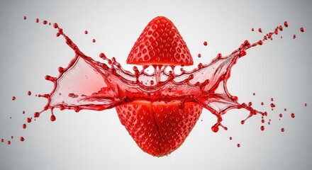 Vibrant Strawberry Splash with Water Droplets Captured in Dynamic Motion and Pure Color